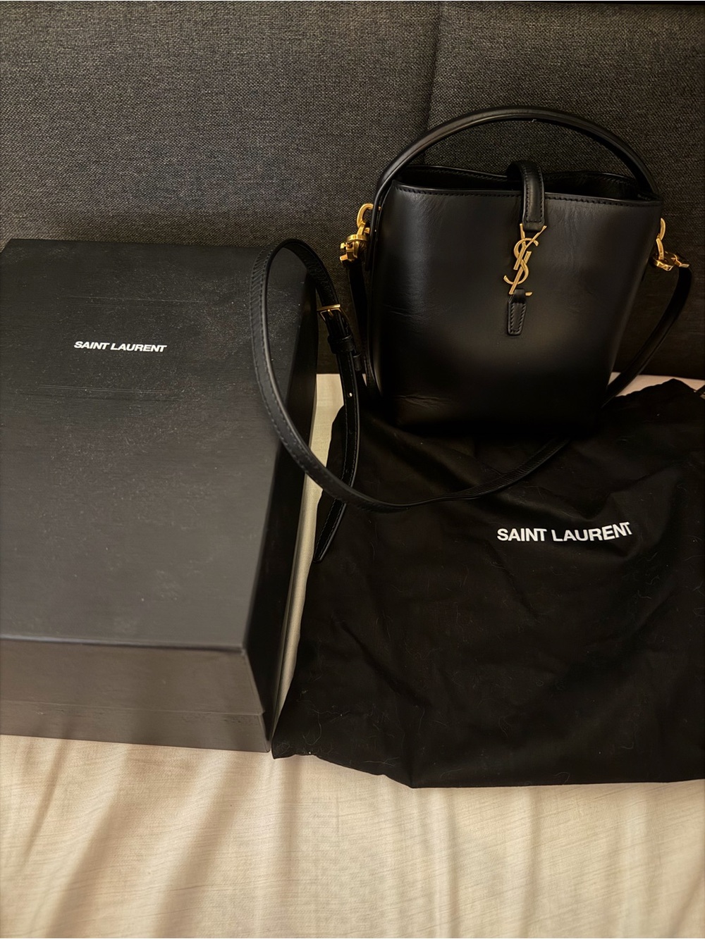 Saint Laurent Black Leather Bucket Crossbody with Gold YSL Hardware - Picture 3 of 7
